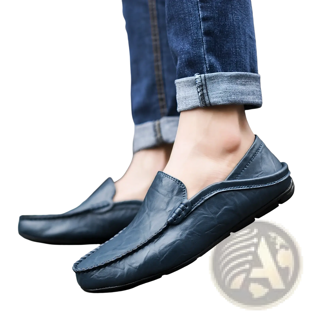 Dark blue leather slip on loafers with textured surface and stitched detailing for men