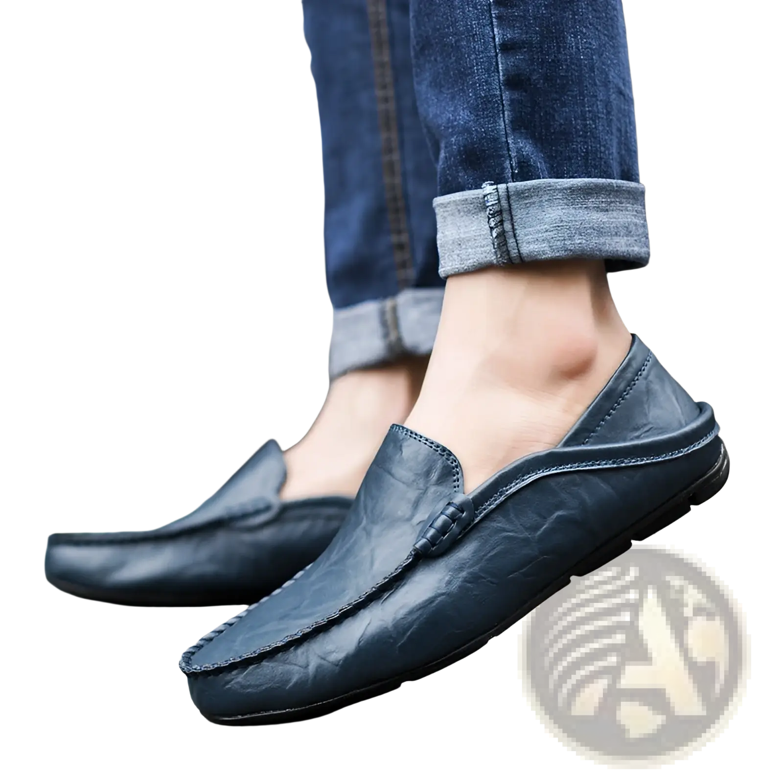 Dark blue leather slip on loafers with textured surface and stitched detailing for men
