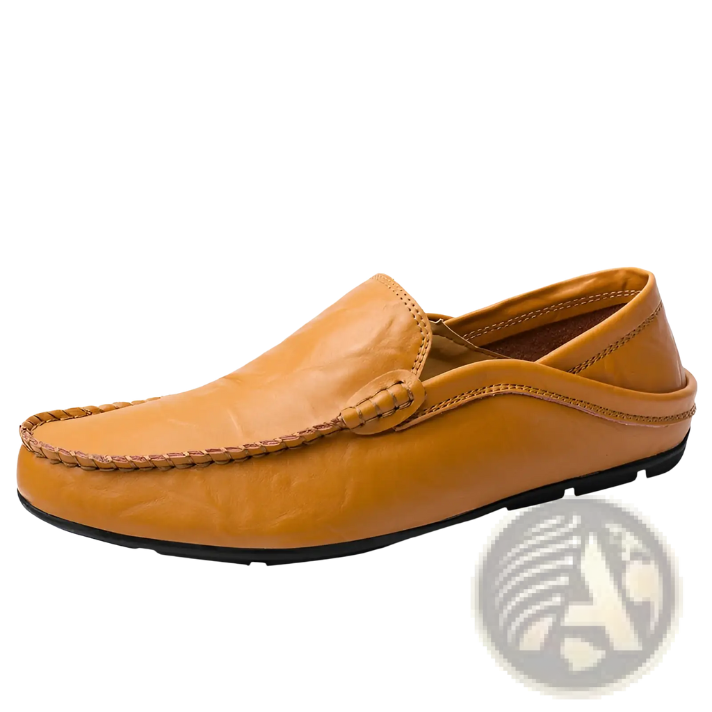 Men’s tan leather slip-on loafers with braided detail and black rubber sole textured moccasins
