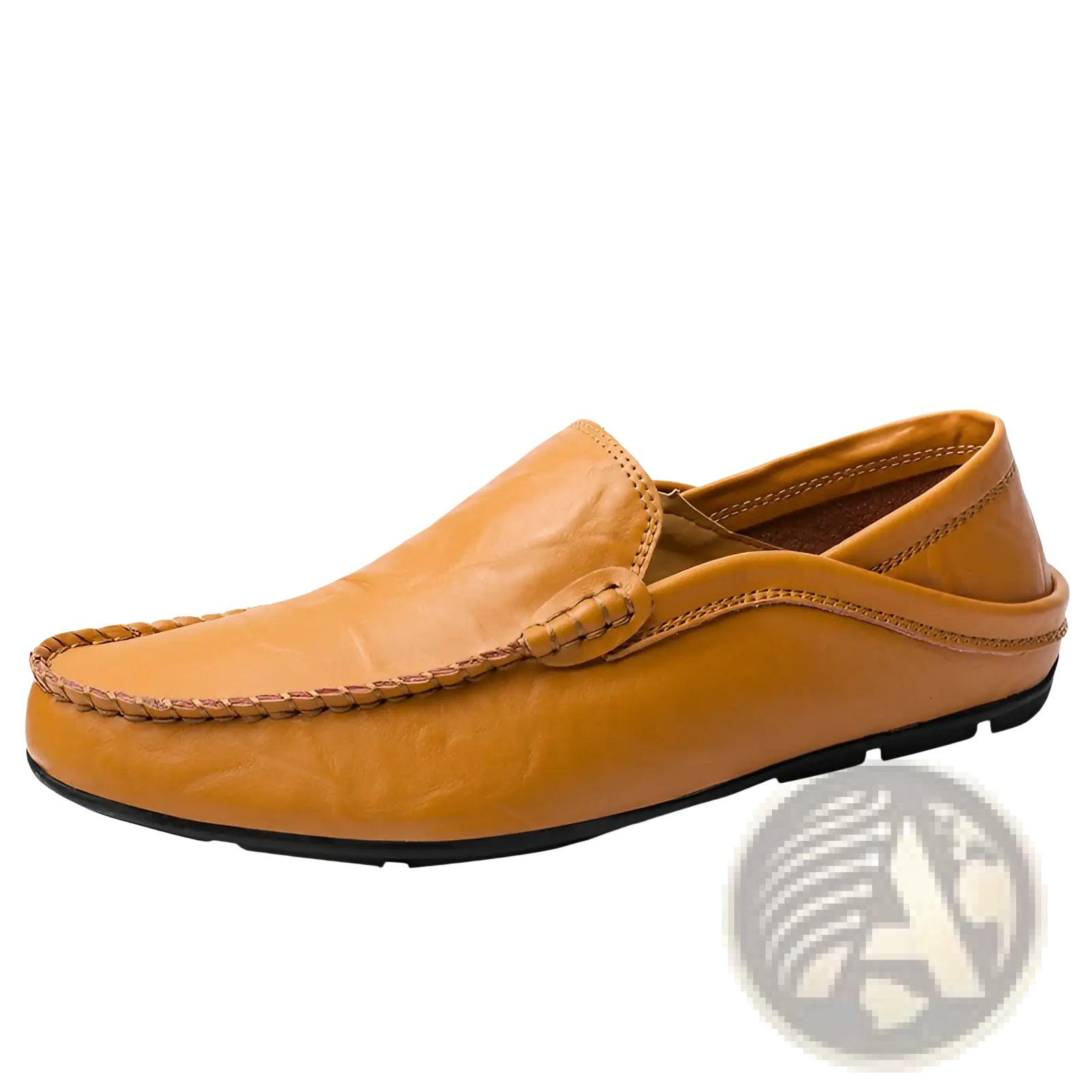 Men’s tan leather slip-on loafers with braided detail and black rubber sole textured moccasins