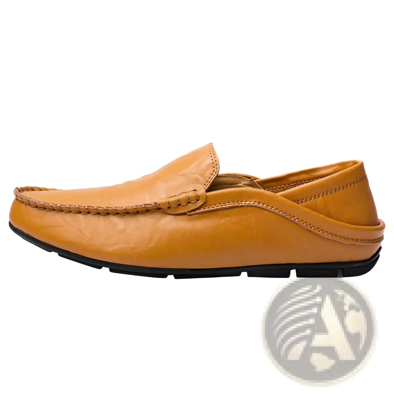 Men’s tan leather slip on loafers with braided stitch detail and black rubber sole textured moccasins