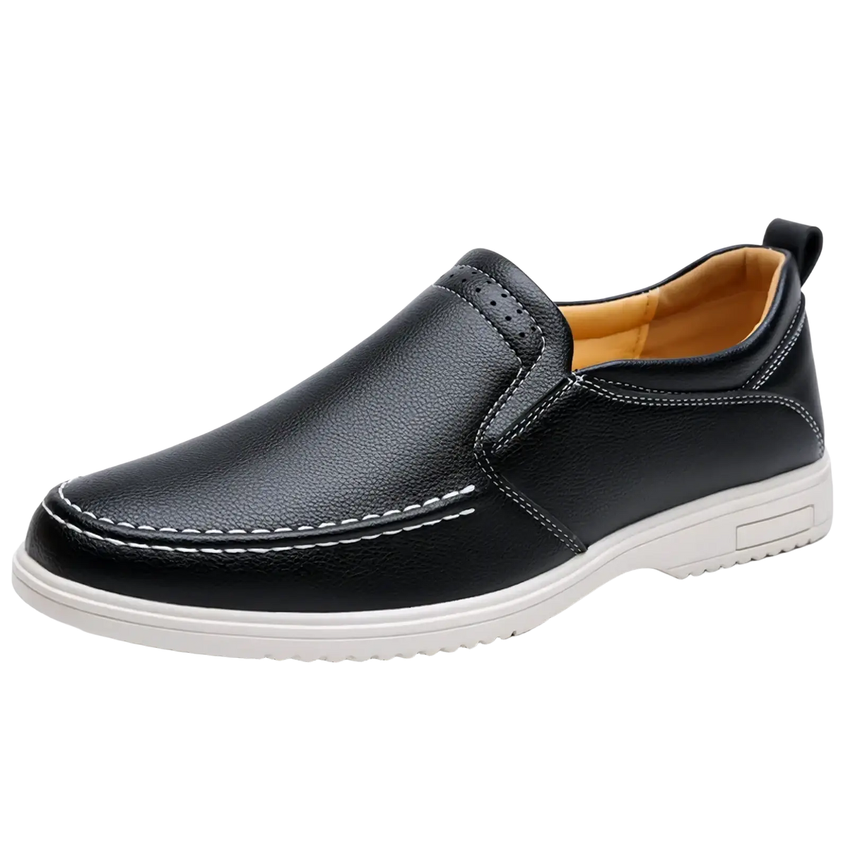 Mens leather slip-on shoes casual sneakers in black with white stitching and tan interior lining