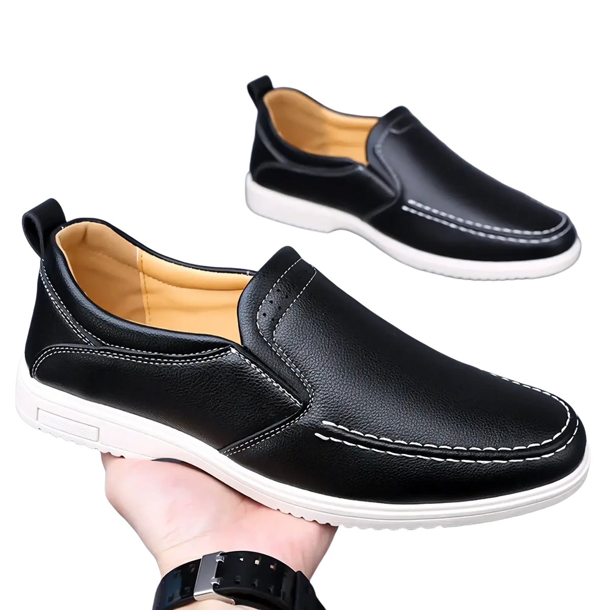 Mens leather slip on shoes casual sneakers in black with white stitching and a contrasting white rubber sole