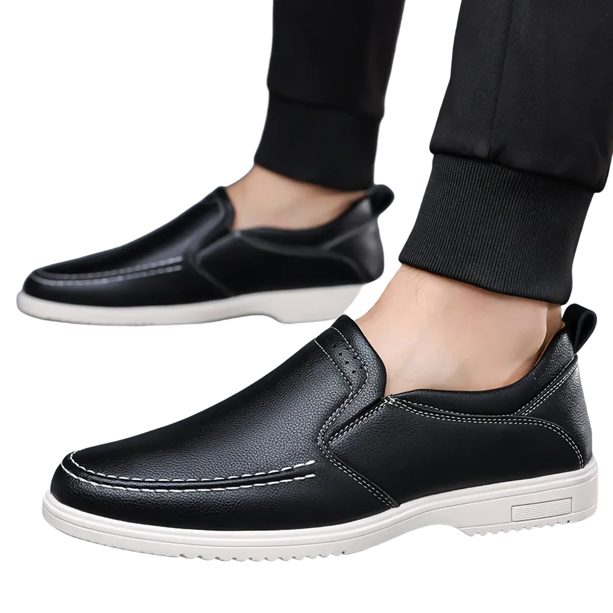 Mens leather slip on shoes casual sneakers in black with white stitching and contrasting white rubber sole