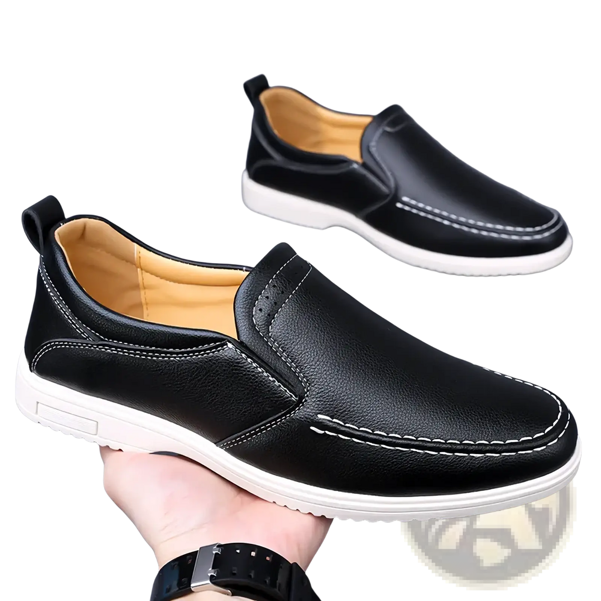 Mens leather slip on shoes casual sneakers in black with white stitching and a contrasting white rubber sole