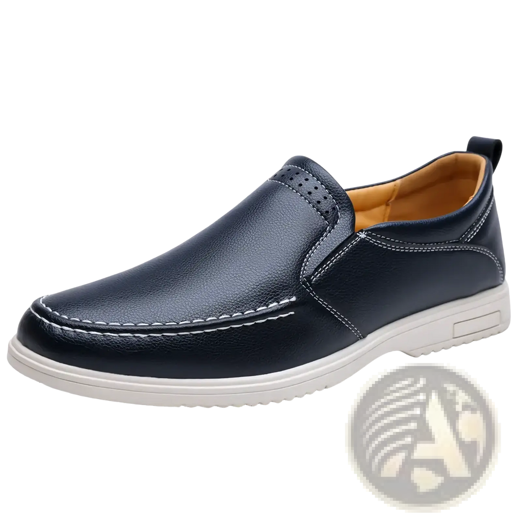 Dark blue mens leather slip on casual sneakers with white stitching and light beige rubber sole