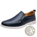 Dark blue mens leather slip on casual sneakers with white stitching and light beige rubber sole