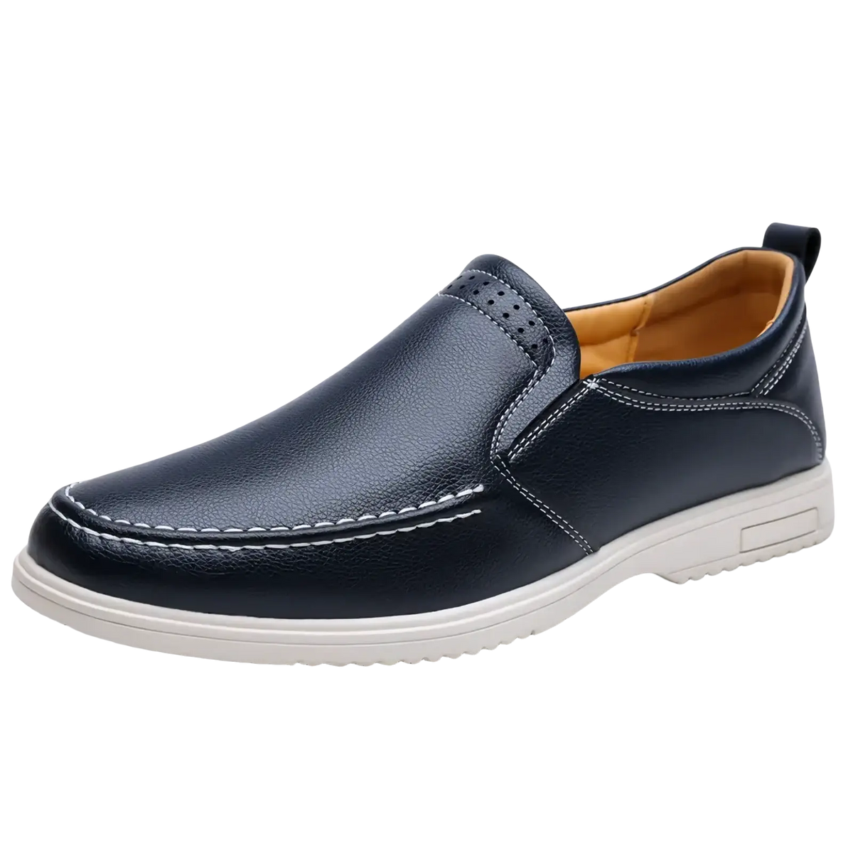 Dark blue mens leather slip on casual sneakers with white stitching and light beige rubber sole