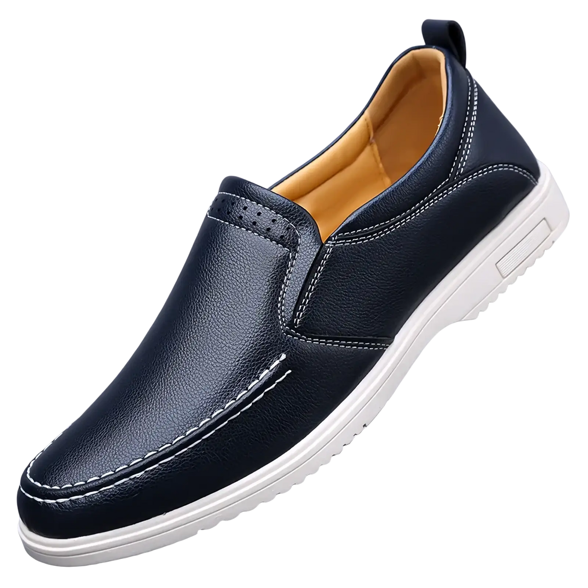 Mens leather slip on shoes featuring dark blue leather with white stitching and off-white rubber sole casual sneakers