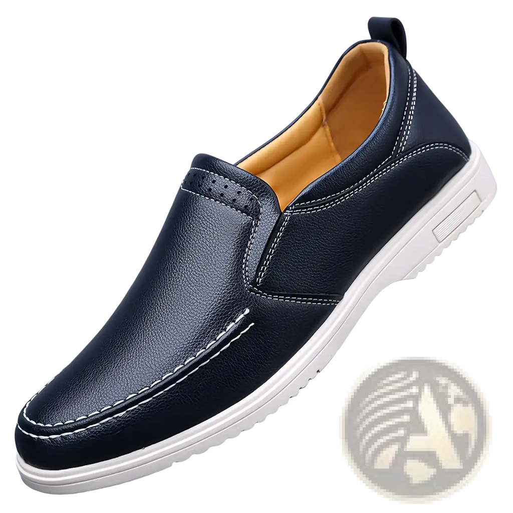 Mens leather slip on shoes featuring dark blue leather with white stitching and off-white rubber sole casual sneakers