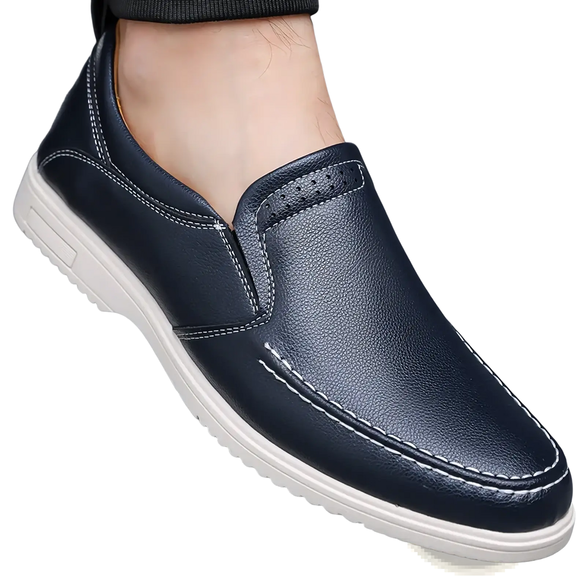 Mens leather slip on shoe in dark blue leather with white stitching and off-white rubber sole for casual wear