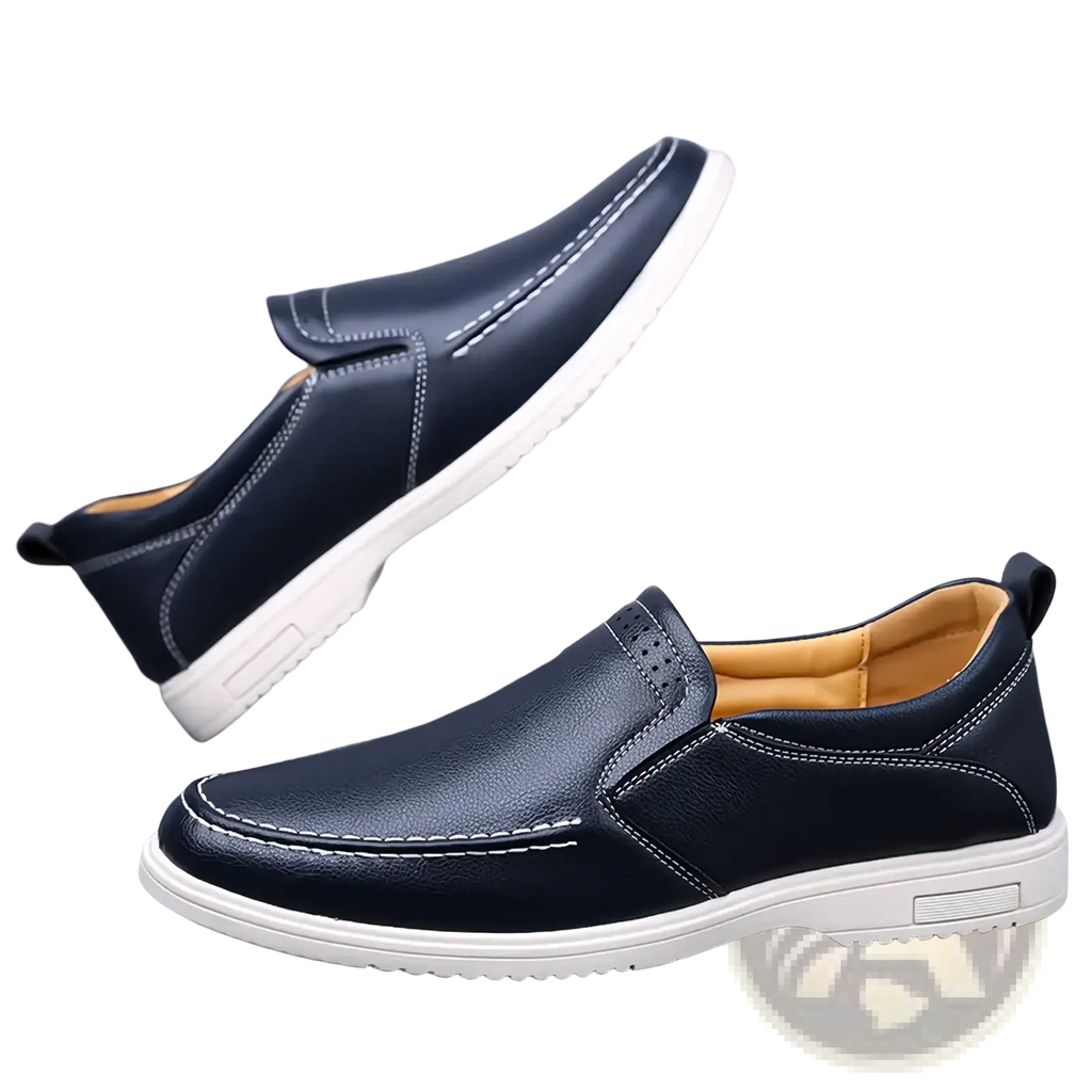 Mens leather slip on shoes casual sneakers in navy blue leather with white soles and tan lining for everyday wear