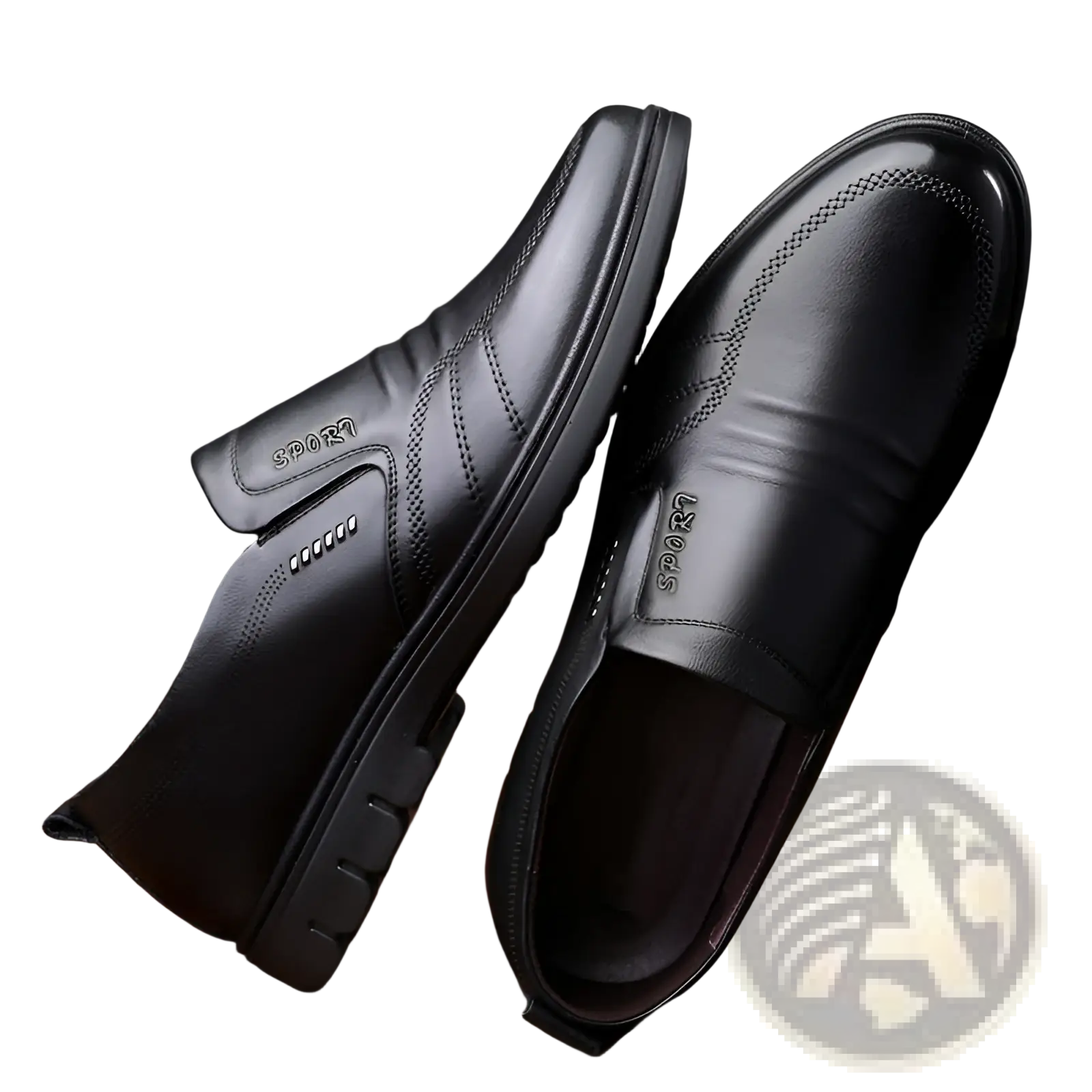 Men’s black leather slip on shoes with sleek polished finish subtle stitching and non slip sole for everyday wear