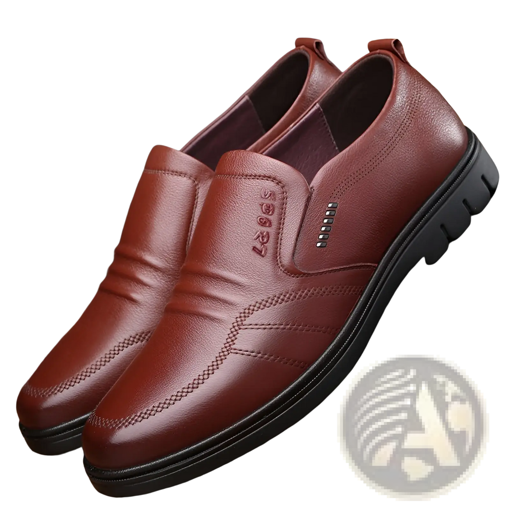 Men’s brown leather slip on shoes with non slip black rubber soles and decorative stitching for dress use