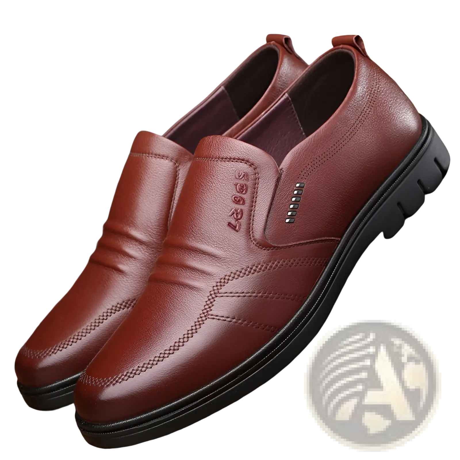 Men’s brown leather slip on shoes with non slip black rubber soles and decorative stitching for dress use