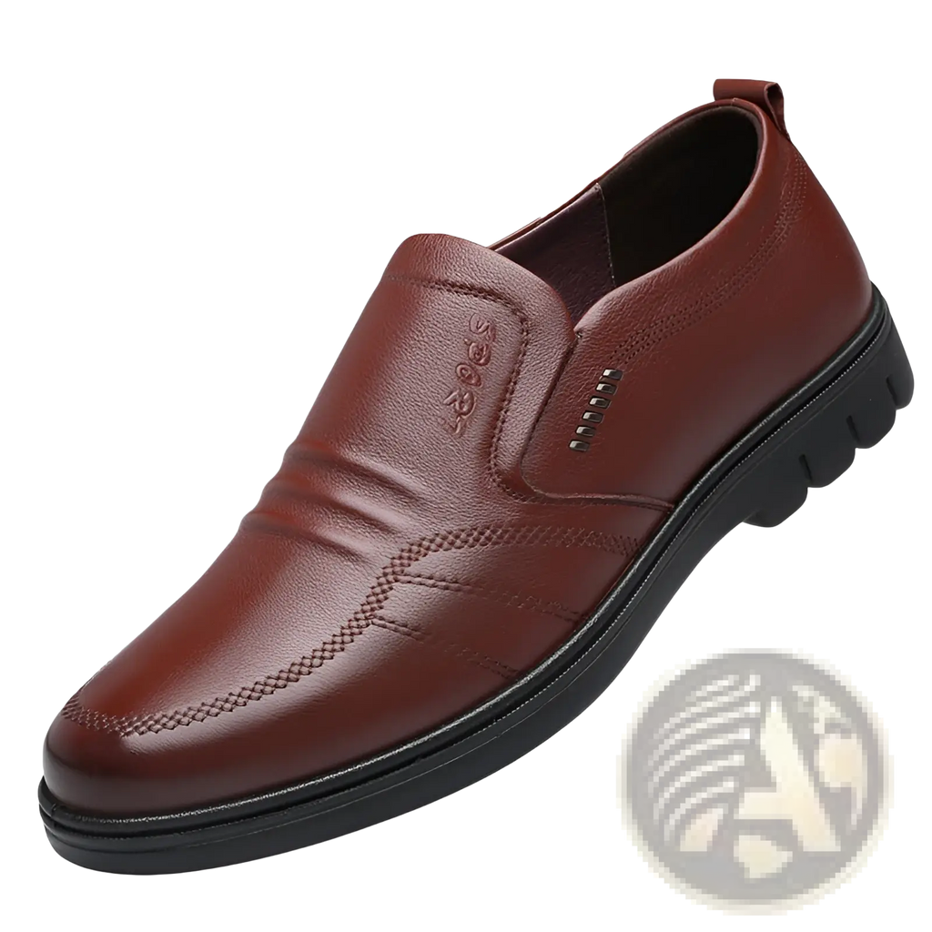 Men’s brown leather slip-on shoes with black non slip sole and stitched detailing for comfortable wear