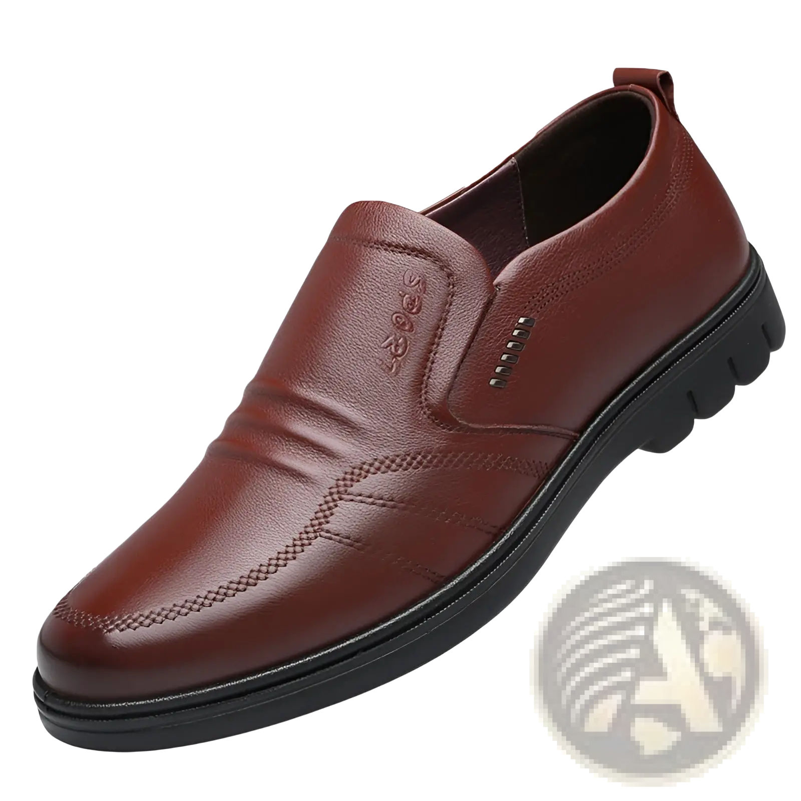 Men’s brown leather slip-on shoes with black non slip sole and stitched detailing for comfortable wear
