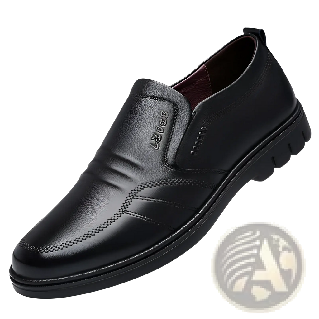 Black leather slip on men’s shoe with textured non slip sole and detailed stitching for everyday wear