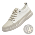 Men’s beige and white leather low-top sneakers with no tie design and chunky sole for casual wear