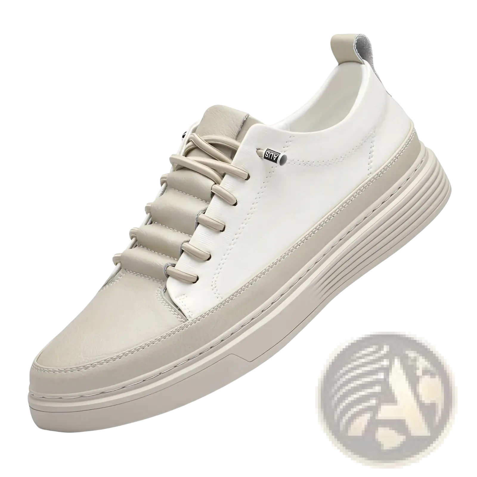 Men’s beige and white leather low-top sneakers with no tie design and chunky sole for casual wear