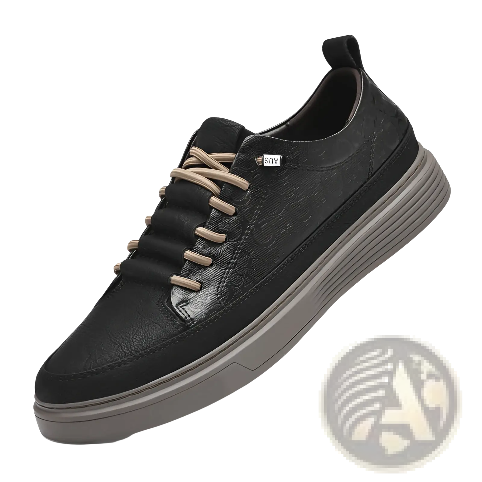 Men’s leather sneakers with tan laces textured black upper and chunky gray rubber sole no tie casual design