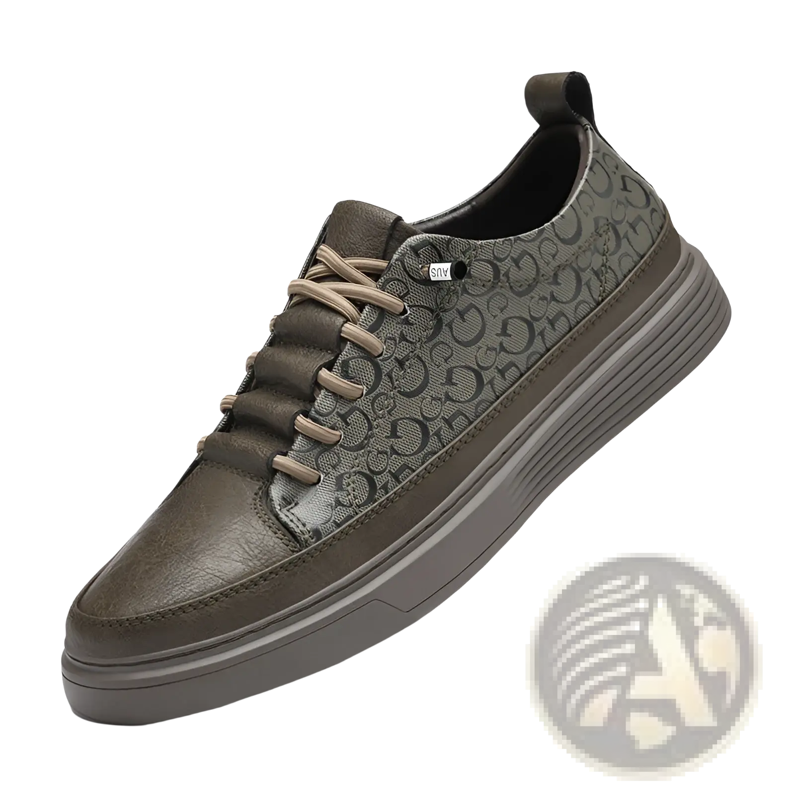 Men’s olive green leather sneakers with repeating monogram upper tan laces no tie casual chunky sole design