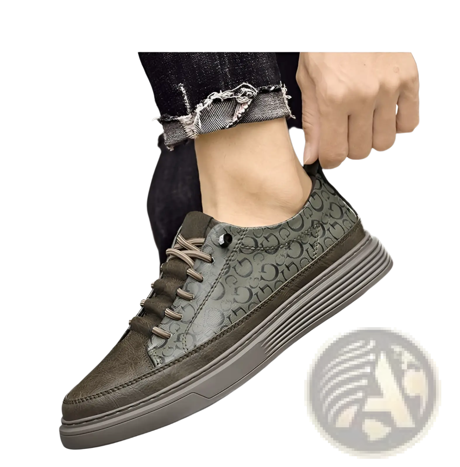 Men’s olive green leather low-top sneakers no tie casual chunky sole with subtle logo pattern and dark brown accents