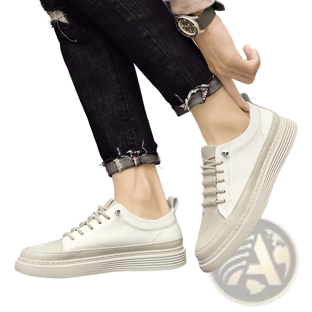 Men’s leather sneakers no tie casual white leather with chunky sole and light gray laces