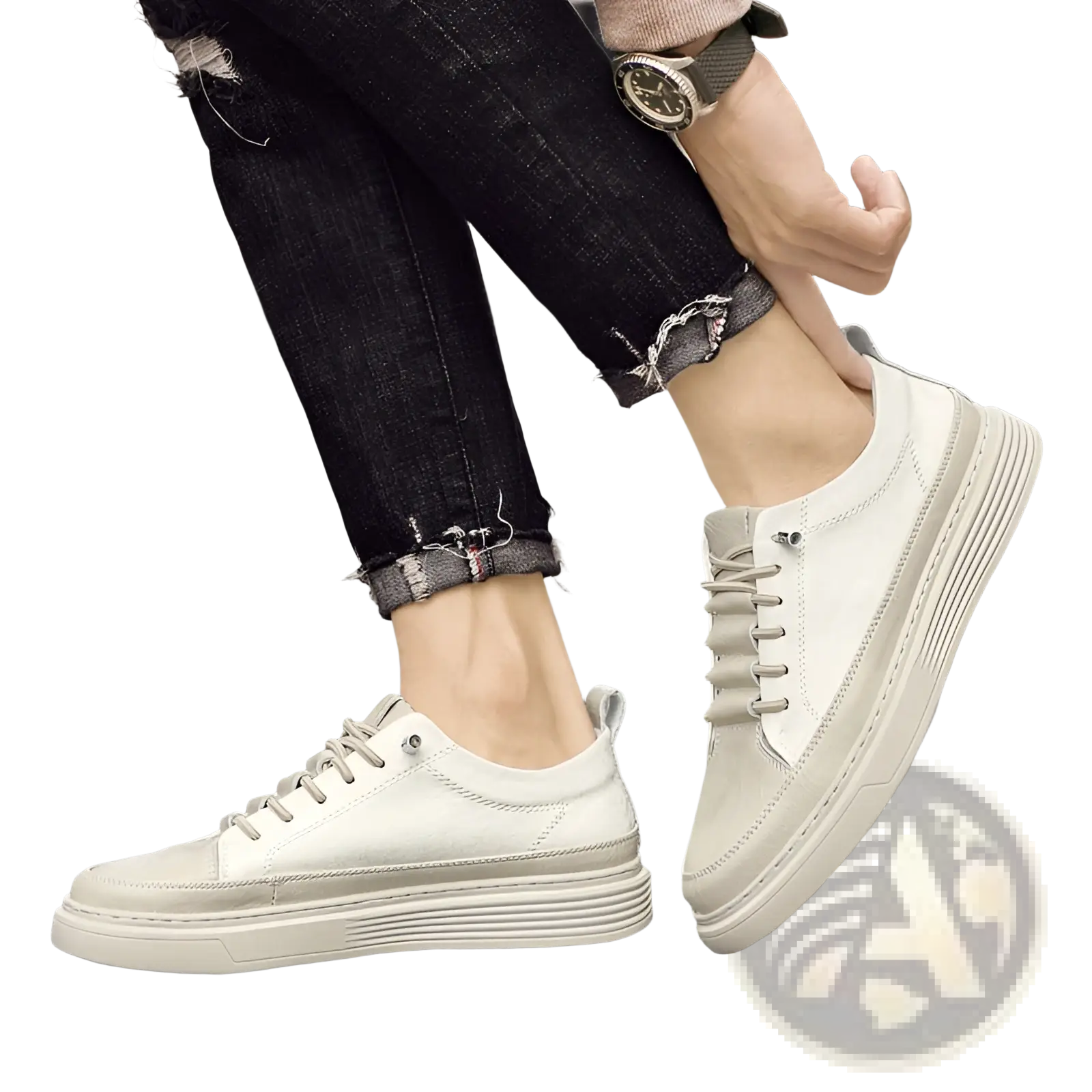 Men’s leather sneakers no tie casual white leather with chunky sole and light gray laces