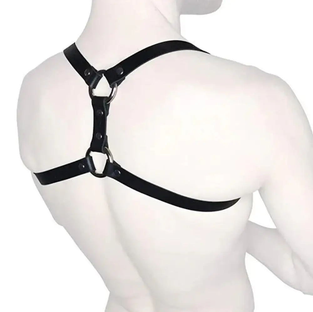 Men’s adjustable black leather shoulder strap with silver-toned metal rings and rivets harness front view