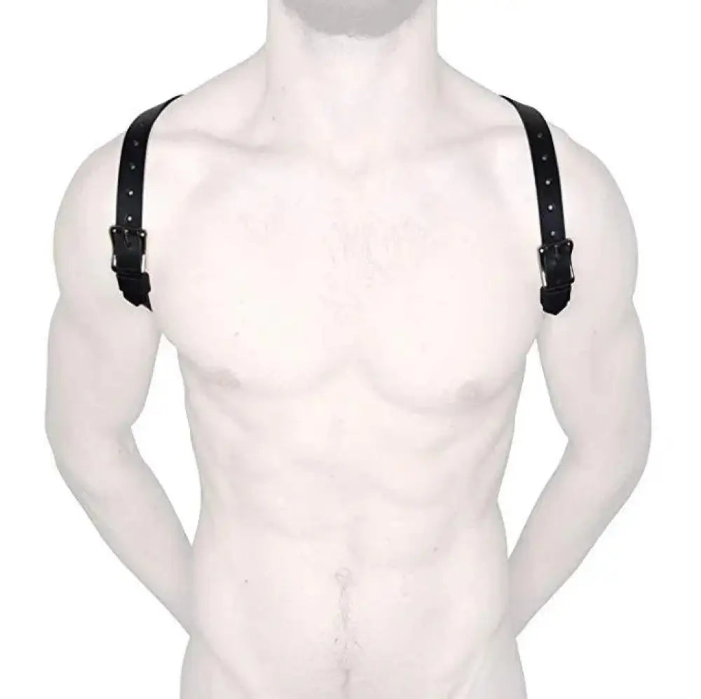 Men’s adjustable black leather shoulder strap with silver studs and silver-toned metal buckles