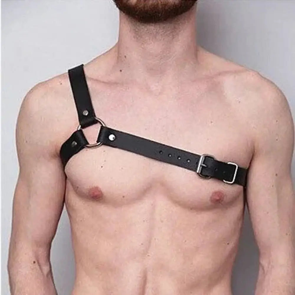 Men’s adjustable black leather shoulder strap harness featuring silver studs metal hardware and adjustable straps