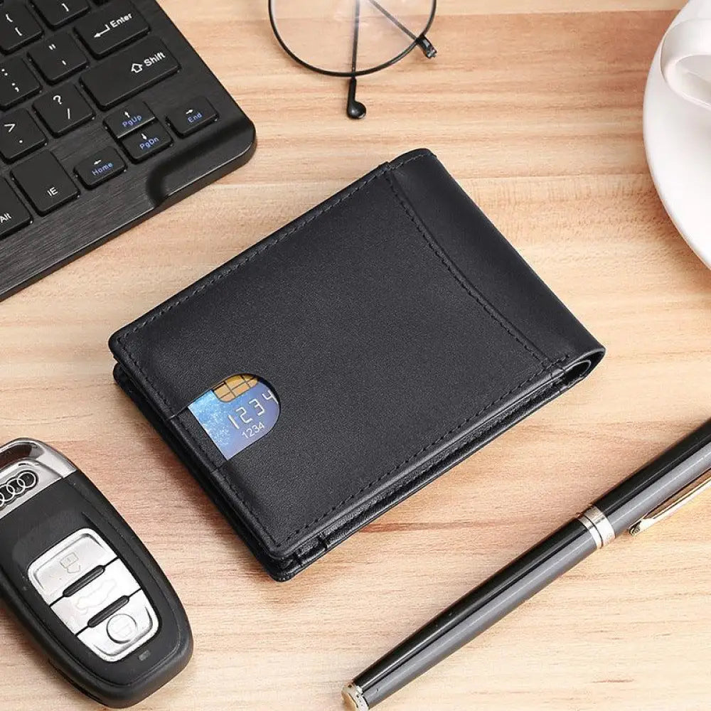 Black leather men’s genuine leather airtag compatible tracker wallet with single card slot holding an id card