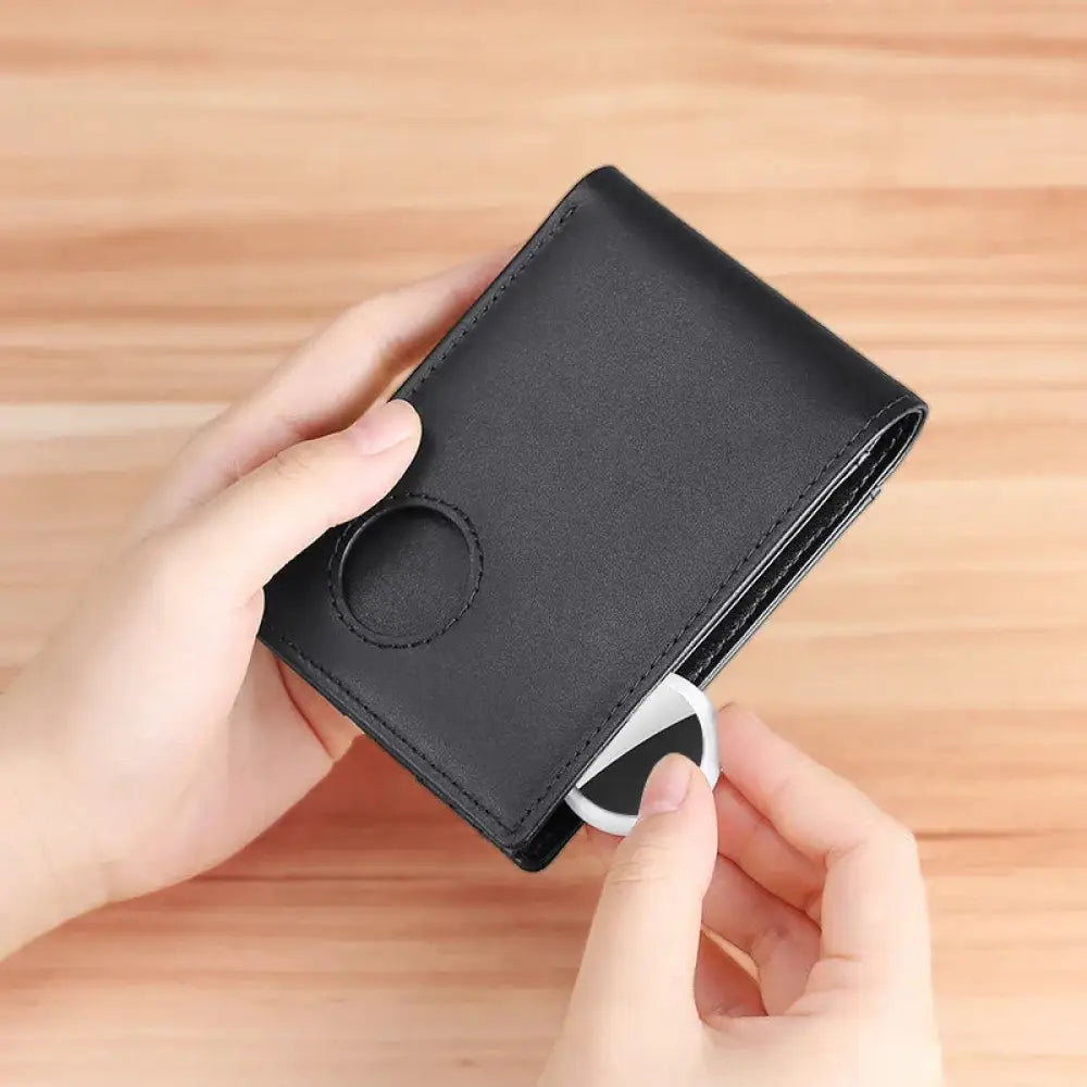 Black leather men’s genuine leather airtag compatible tracker wallet with circular cutout and white magnetic phone holder
