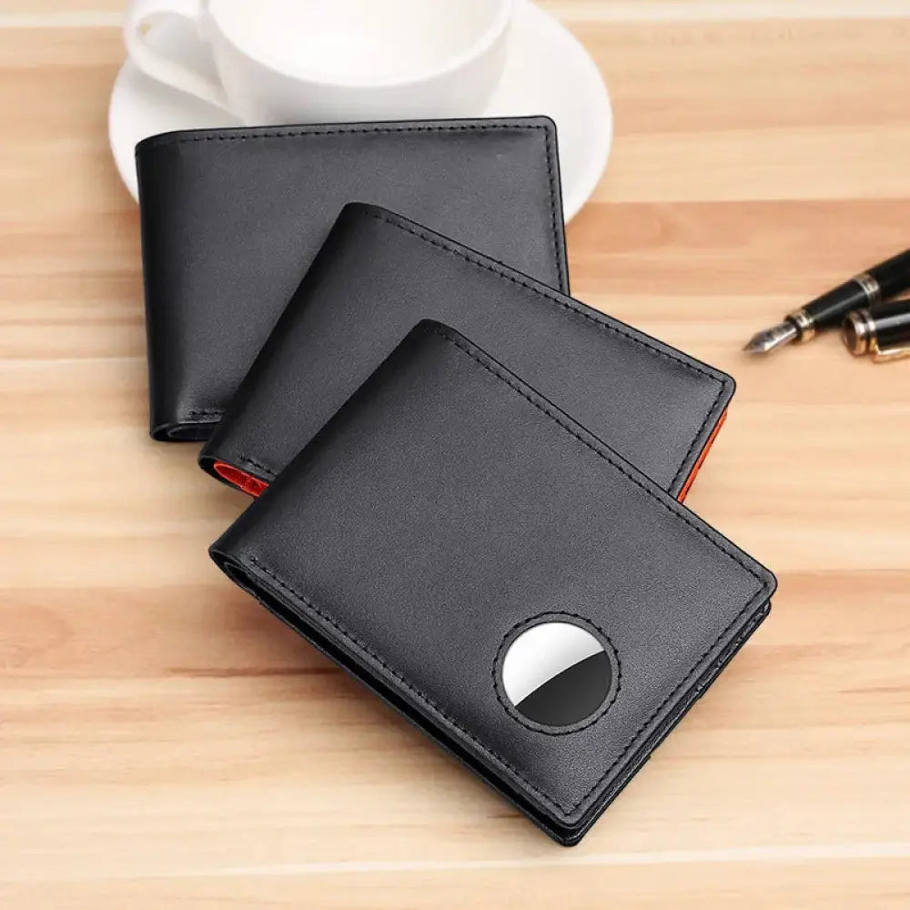 Black genuine leather men’s wallet with circular cutout featuring reflective silver and black airtag compatible mirror