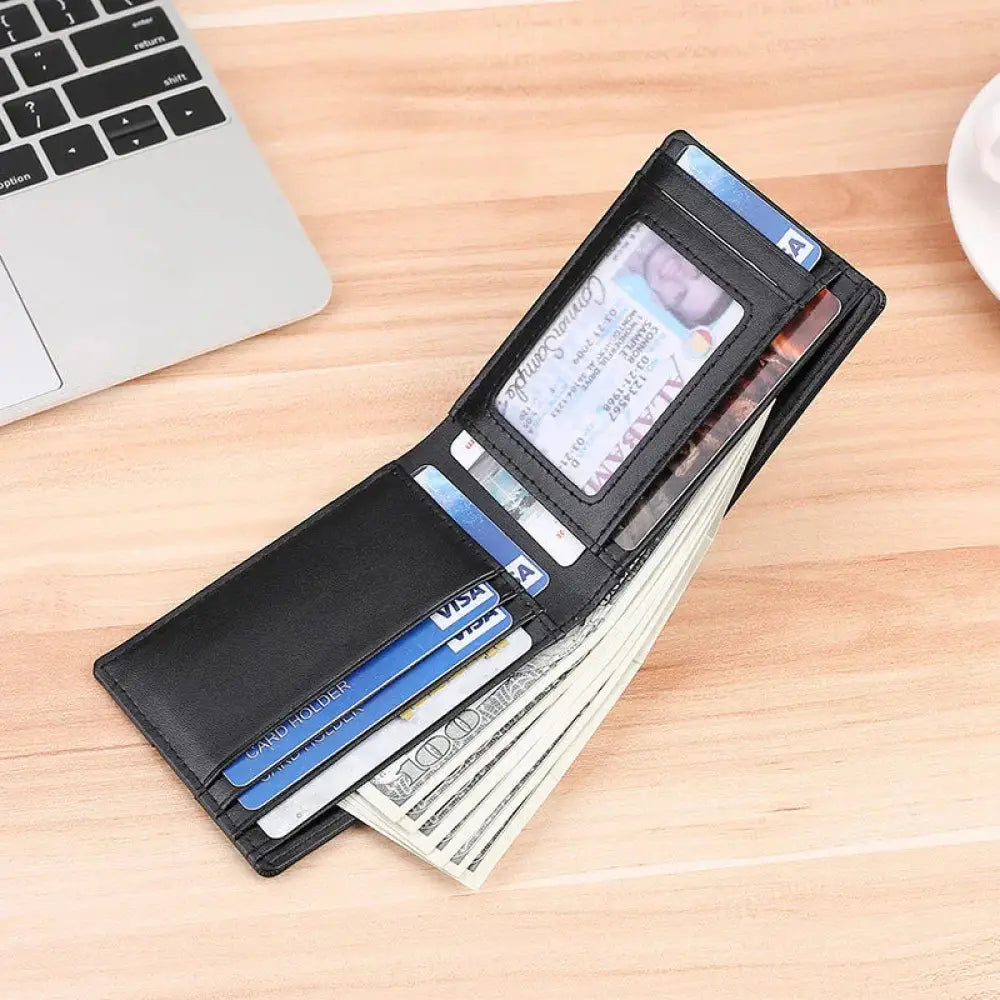 Men’s genuine leather airtag compatible black wallet with multiple card slots and transparent id window holding cards and cash
