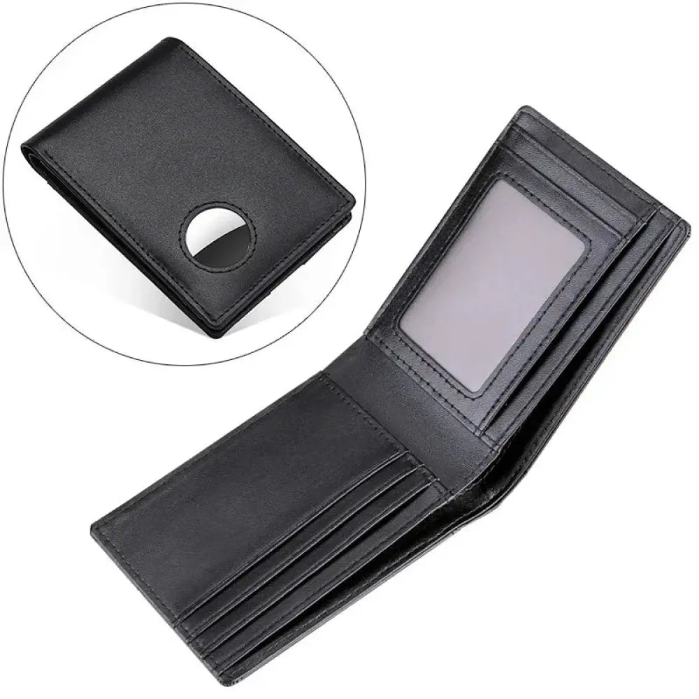 Black leather men’s genuine leather airtag compatible tracker wallet with circular cutout and id window on exterior