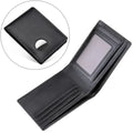 Black leather men’s genuine leather airtag compatible tracker wallet with circular cutout and id window on exterior
