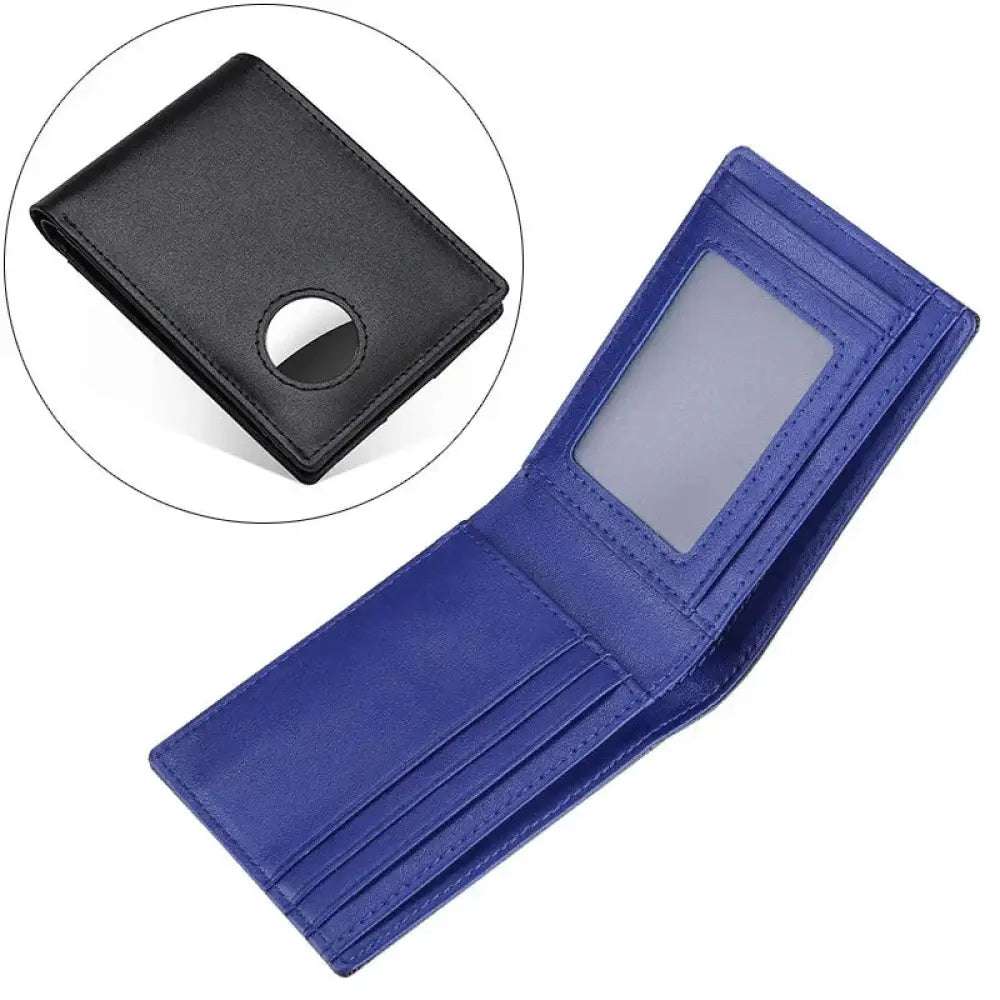 Men’s genuine leather airtag compatible tracker wallet in blue with clear id window and black exterior circular cutout