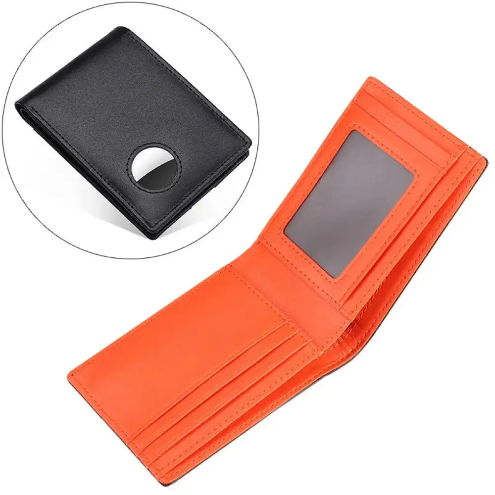 Men’s genuine leather airtag compatible wallet in black and orange with stitched edges and transparent card slot window