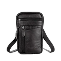 Black leather men’s waist bag with multiple zippers and textured surface designed as a comfortable mobile phone pouch