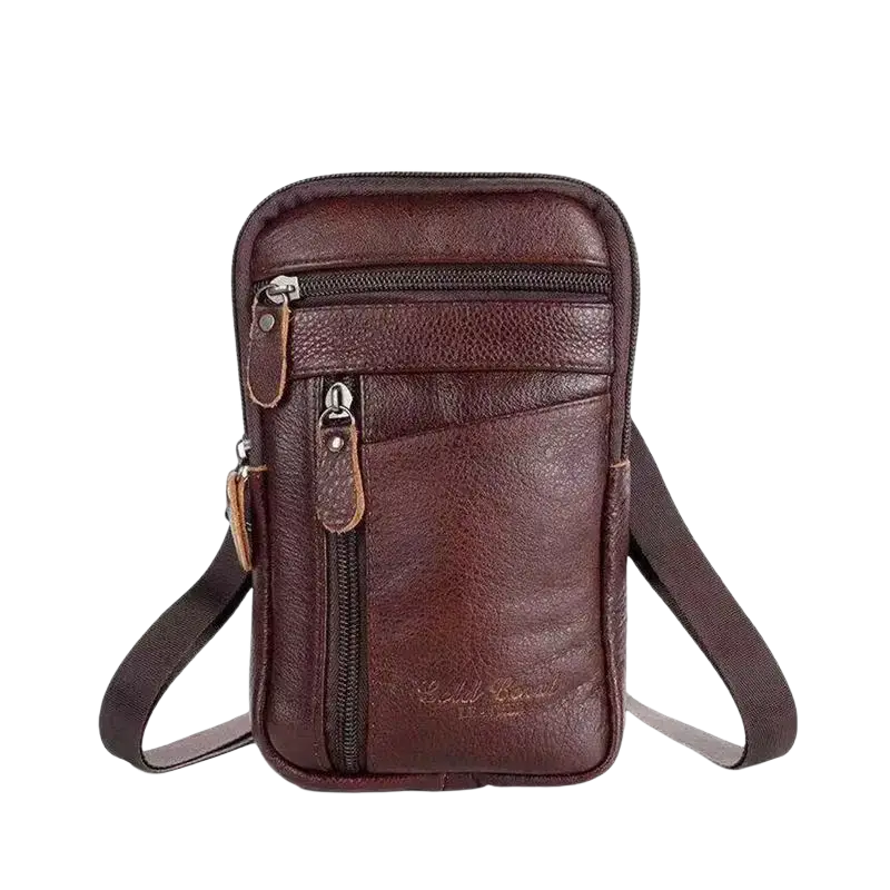 Men’s brown leather waist bag with multiple zippers and adjustable strap for comfortable mobile phone carrying