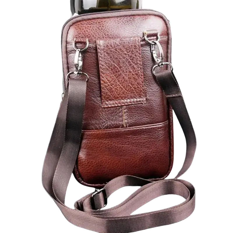 Brown leather men’s waist bag with textured surface and adjustable strap for mobile phone and comfortable carry