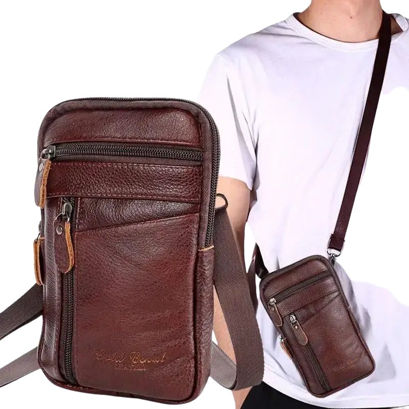 Men’s brown genuine leather waist bag with multiple zippered compartments and tan accents for mobile phone storage
