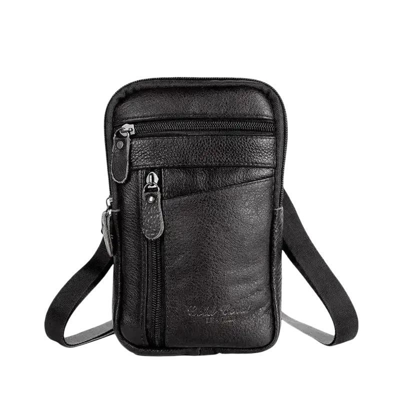 Black leather men’s waist bag with multiple zippers and textured surface designed as a comfortable mobile phone pouch
