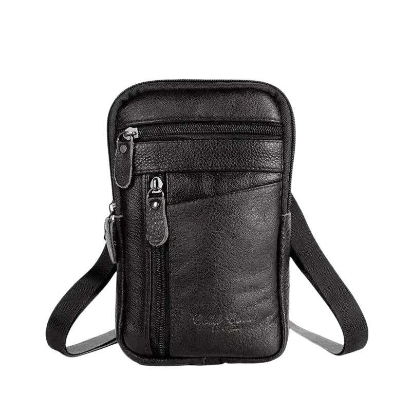 Black leather men’s waist bag with multiple zippers and adjustable strap for a comfortable mobile phone pouch