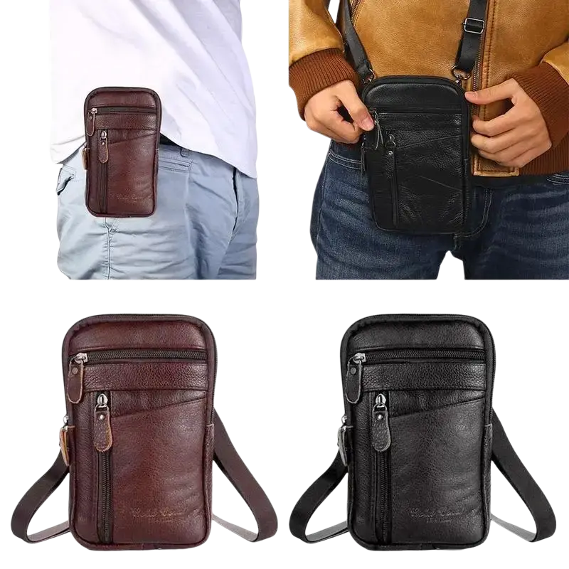 Brown and black leather men’s waist bags with zippers and adjustable straps for a comfortable mobile phone pouch
