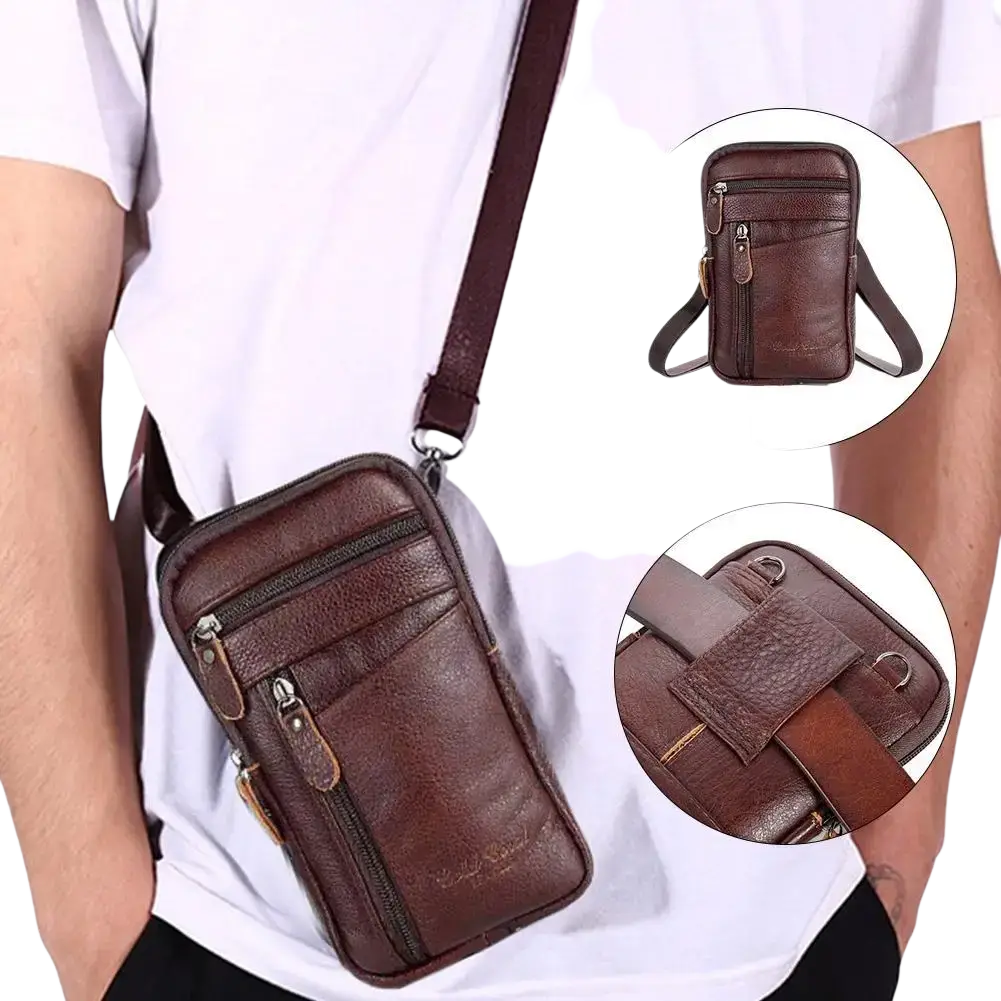 Men’s brown leather waist bag and mobile phone pouch with multiple zippered compartments and adjustable strap for comfort