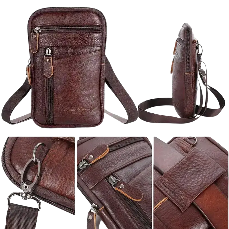 Men’s brown leather waist bag and mobile phone pouch with multiple zippered compartments and detachable strap for comfort