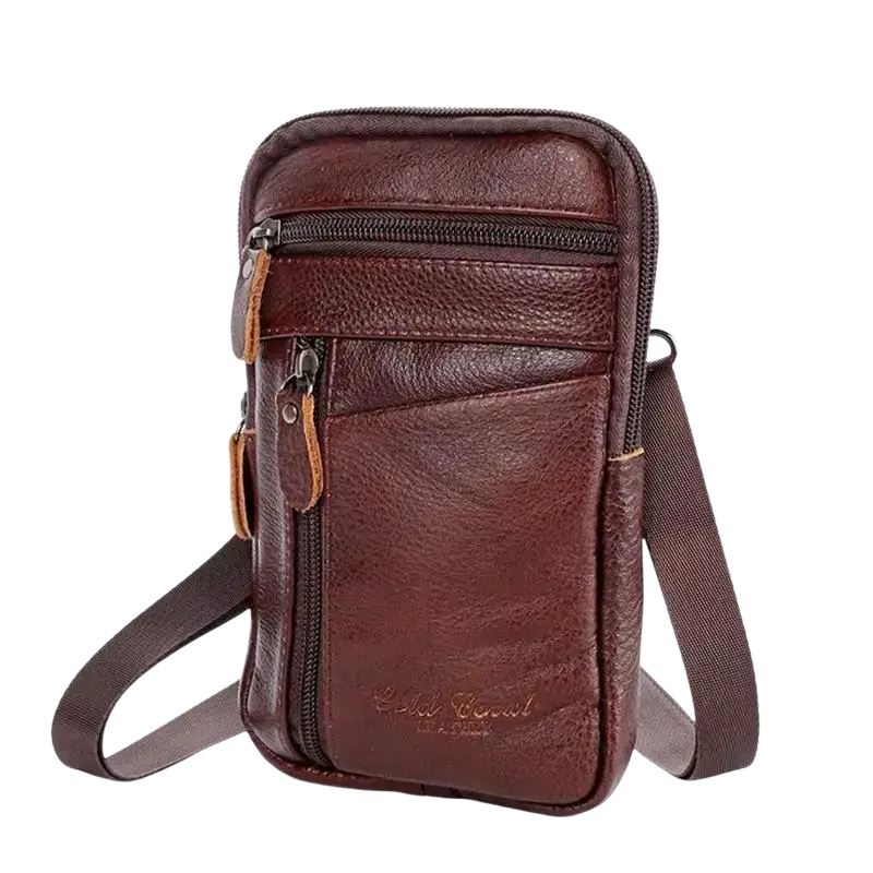 Brown leather men’s waist bag with multiple zippers and adjustable strap for comfortable mobile phone carrying